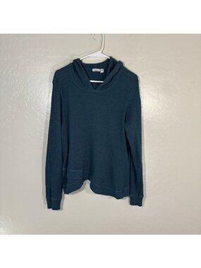 Wilt Sweater Womens Large Blue Waffle Knit Hooded V Neck Pullover High Low Hem